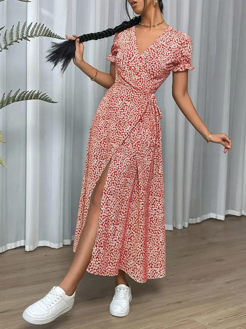 Wrap Dress Short Sleeve Split Long Dress Summer Dress Fashion Nora