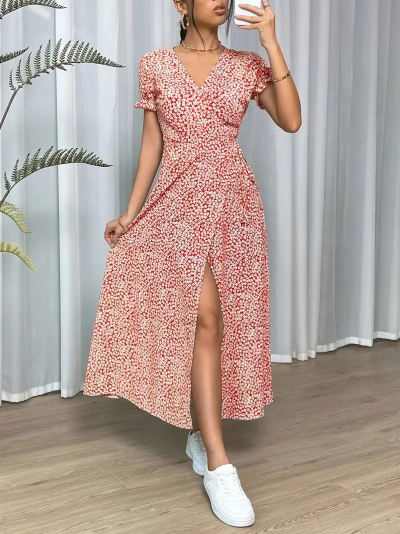 Wrap Dress Short Sleeve Split Long Dress Summer Dress Fashion Nora