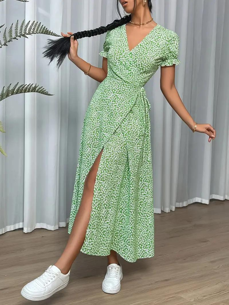 Wrap Dress Short Sleeve Split Long Dress Summer Dress Fashion Nora