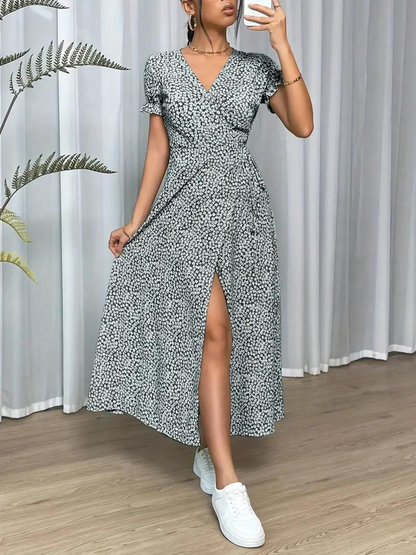 Wrap Dress - Short Sleeve - Split - Long Dress - Summer Dress-Fashion Nora